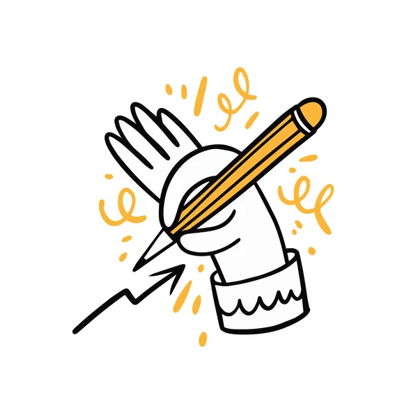 黄色の鉛筆でグラフを描く手 手描きカラフルな漫画ビジネスドアのアイコン ベクターイラスト — ストックベクタ