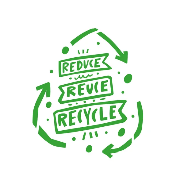 リデュース リデュース リサイクル 緑の色のフラットレタリングフレーズ 動機生態学テキスト — ストックベクタ