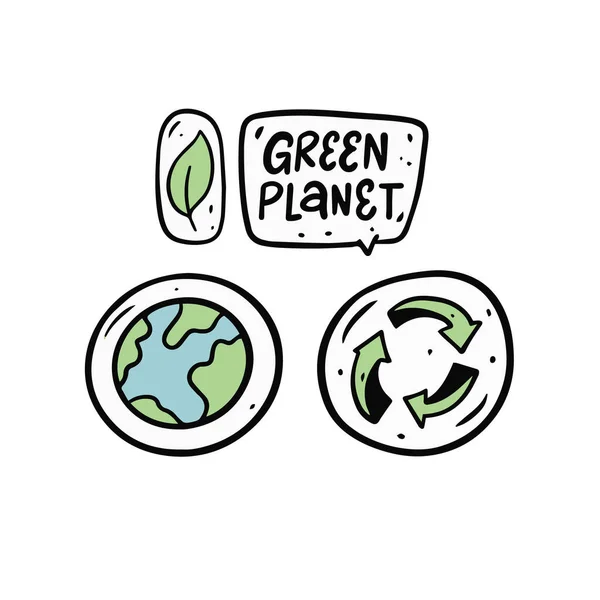 Yeşil Gezegen Işaretleri Harf Cümlesi Dünya Ikonu Geri Dönüşümü Renkli — Stok Vektör