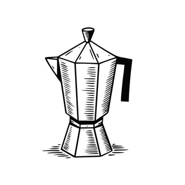 El çizimi kahve demliği ya da Moka demliği. Siyah renkli gerçekçi vektör sanatı. Kafe, restoran ve poster tasarımı.