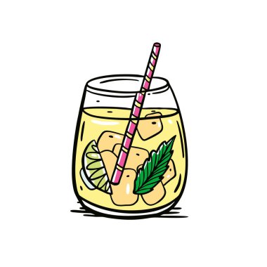 Yellow lemon cocktail or drink water. Hand drawn colorful sketch art. Doodle style vector illustration.