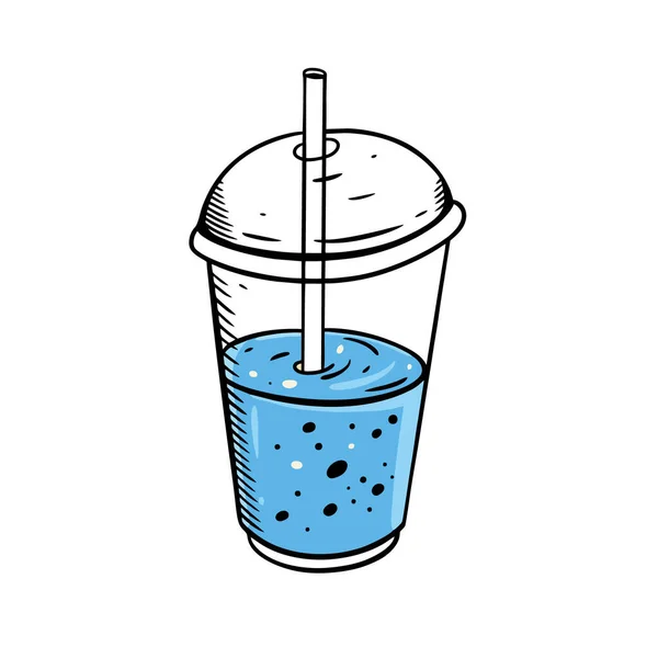 Blue Drink Summer Cocktail Transparent Glass Hand Drawn Sketch Cartoon — Stockvektor