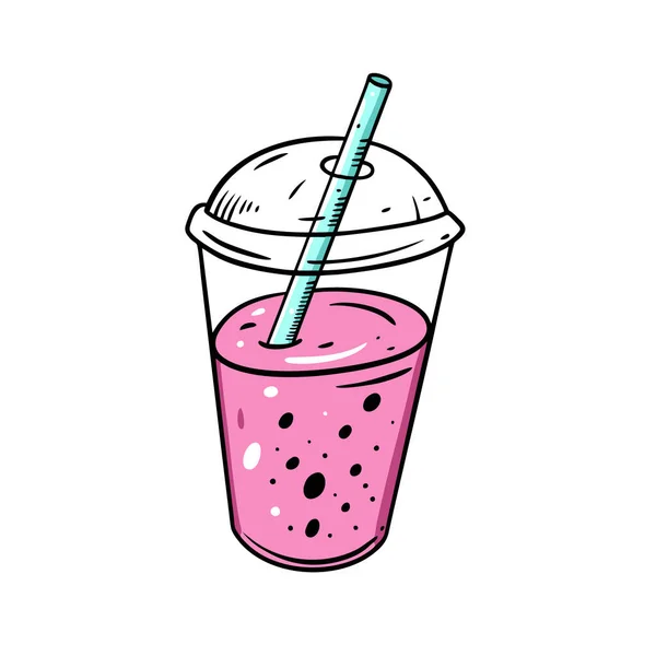 Pink Summer Drink Hand Drawn Doodle Cartoon Style Vector Illustration — 스톡 벡터