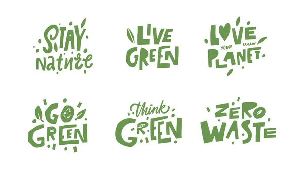 Ecology Nature Lettering Phrases Set Collection Green Color Doodle Style —  Vetores de Stock