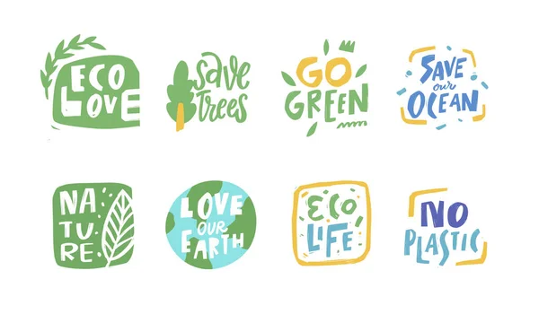 Eco Stickers Lettering Phrases Set Hand Drawn Colorful Cartoon Style — Image vectorielle