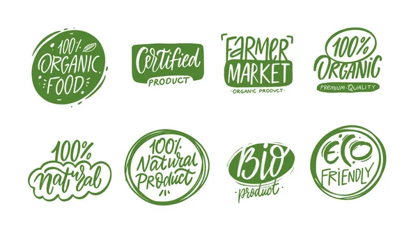 Eco Food Product Green Color Lettering Phrases Set Hand Drawn — Vetor de Stock