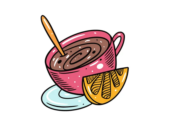Pink Cup Tea Coffee Lemon Slice Hand Drawn Colorful Cartoon — Stock Vector