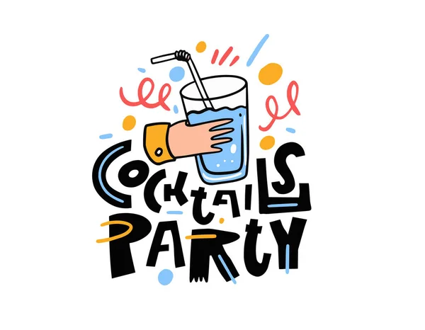 Cocktail Party Bere Bicchieri Con Mano Frase Tipografica Moderna Colorata — Vettoriale Stock