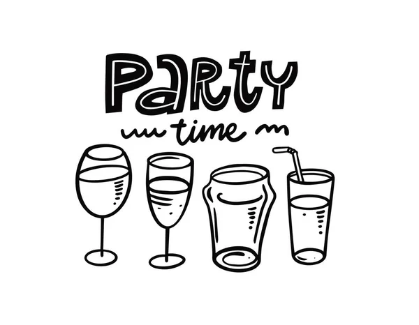 Party Time Lettering Phrase Alcohol Glasses Set Hand Drawn Black — Vetor de Stock