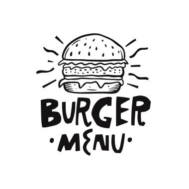Logo şeklinde Burger Menü. Çizim sanatı. Siyah renk vektör çizimi beyaz arkaplanda izole edildi.