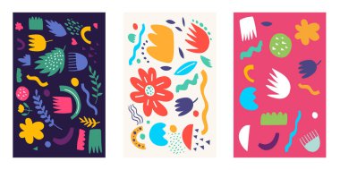 El çizimi renkli çizgi film stili soyut elementler ayarlandı. Vektör illüstrasyon şablon posteri.