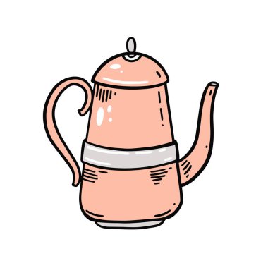 Pembe çaydanlık eli beyaz arkaplanda izole edilmiş renkli çizgi film stili vektör çizimi.