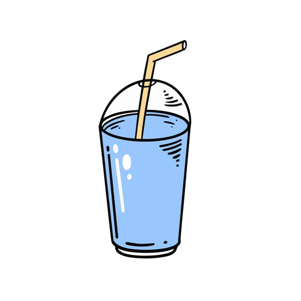 Modrá Pít Vodu Kelímku Trubicí Ručně Kreslené Barevné Kreslený Náčrtek — Stockový vektor