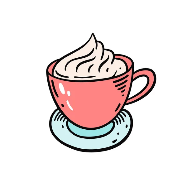 コーヒーとピンクのカップ 手描きのドアスケッチアート 白を基調とした漫画風ベクトルイラスト — ストックベクタ