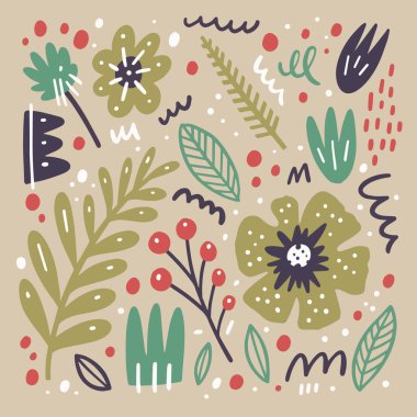 Çiçekler ve doğa renkli doku ve şekil elementleri. El çizimi vektör illüstrasyonu.