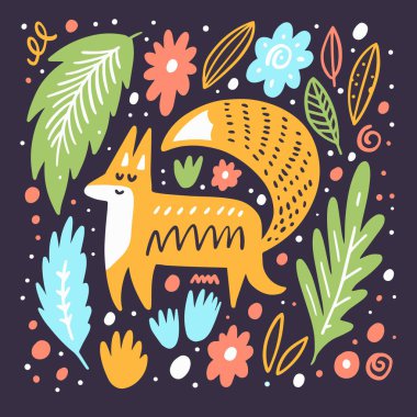 Ormandaki tilki. Soyut şekiller elementleri şekillendirir. Renkli şablon biçim vektör çizimi.