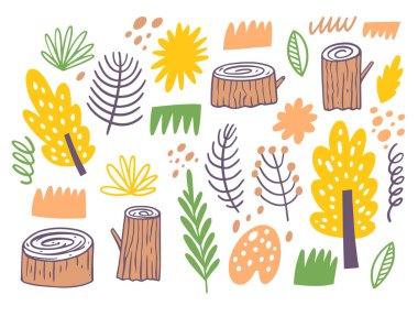 Düz elementler orman karalama vektör çizimi. El çizimi renkli çizgi film tarzı. Beyaz arkaplanda izole.