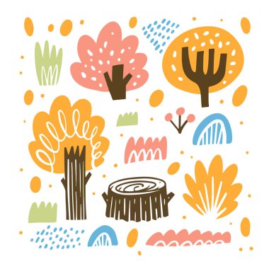 Orman doğası karalama elementleri. Renkli çizgi film stili vektör sanatı. Beyaz arkaplanda izole.