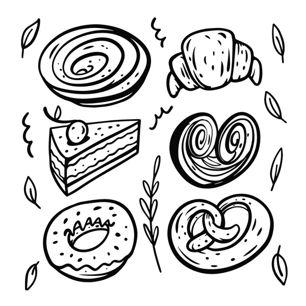 Doodle Sweet Bakery Food Set Objects Hand Drawn Outline Flat — Stock Vector