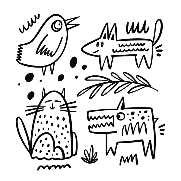 Животные Домашних Животных Каракули Стиле Руки Нарисованы Контур Векторной Иллюстрации — стоковый вектор