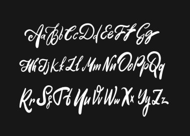 Modern fırça hat alfabesi yazı tipi. El çizimi harf işaretleri vektör çizimi siyah arkaplan üzerinde izole.