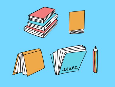 El çizimi renkli taslak eğitim kitapları. Doodle simgeleri vektör illüstrasyonu mavi arkaplanda izole edildi.