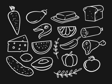 Elle çizilmiş yiyecek ikonları karatahtaya izole edilmiş. Menü, poster ve çiftçi pazarı için siyah beyaz renk vektör illüstrasyon sanatı.