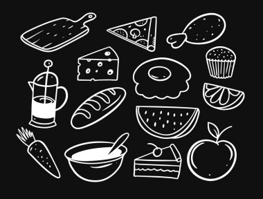 Yemek ikonları yapmak, siyah bir karatahtaya izole edilmiş beyaz çizgili taslak çizmek demekti. Poster, yemek menüsü ve çiftçi pazarı için tasarım.