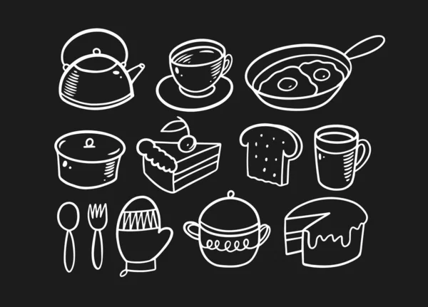 Ručně Kreslené Bílé Barvy Snídaně Jídlo Kuchyňské Nástroje Ikony Sada — Stockový vektor