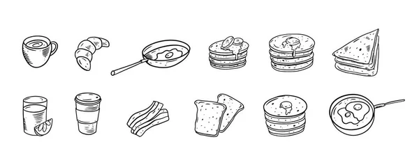 Juego Iconos Garabatos Desayuno Dibujado Mano Ilustración Vectorial Esquema Color — Vector de stock