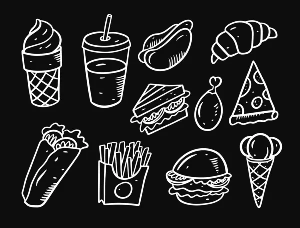 Met Hand Getekend Fast Food Outline Pictogrammen Set Witte Kleur — Stockvector