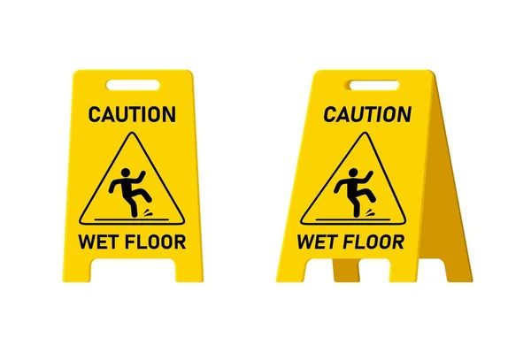 濡れた床の注意サイン白の背景に隔離され、公共の警告黄色のシンボルの崖。滑りやすい表面はプラスチック板の設計要素に注意してください。人間のピクトグラムが落ちる。ベクトル図 — ストックベクタ