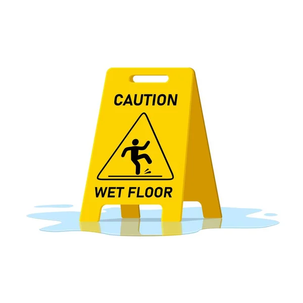 Wet floor caution sign and water puddle isolated on white background, Public warning yellow symbol clipart. Slippery surface beware plastic board design element. Falling human pictogram. Vector — Stock Vector