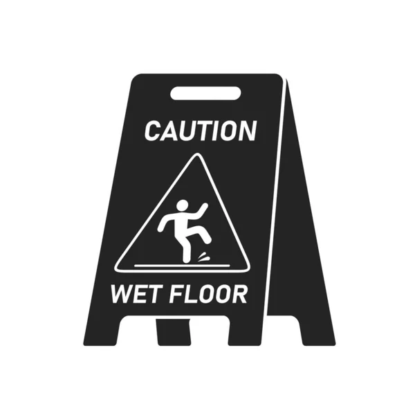 黒ぬれた床の注意サイン白の背景に隔離され、公共の警告シンボルの崖。滑りやすい表面はプラスチック板の設計要素に注意してください。人間のピクトグラムが落ちる。ベクトル図 — ストックベクタ