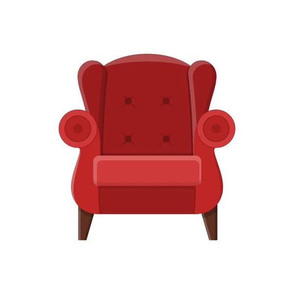 Elegante sillón cómodo rojo en estilo plano aislado sobre fondo blanco. Parte del interior de una sala de estar u oficina. Muebles suaves para el descanso y la relajación. Ilustración vectorial — Archivo Imágenes Vectoriales