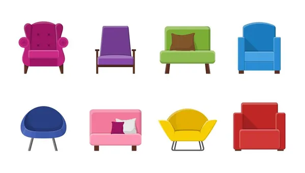 Set of different armchairs. Collection of seating types in flat style. Beautiful design elements - classic, retro or modern furniture. Colorful vintage and comfort chair. Isolated vector illustration — Stock Vector