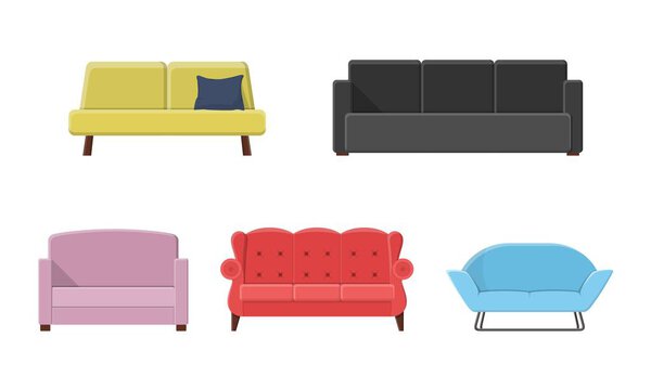 Set of different sofas. Collection soft furniture types in flat style. Beautiful design elements - classic, retro or modern furniture. Colorful vintage and comfort couch. Isolated vector illustration