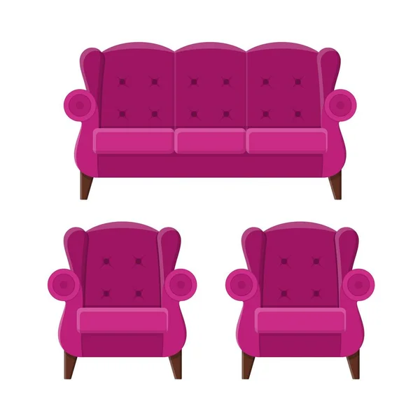 Стильный удобный диван и кресла в плоском стиле изолированы на белом фоне. Часть интерьера гостиной или офиса. Мягкая мебель для отдыха и отдыха. Векторная иллюстрация — стоковый вектор