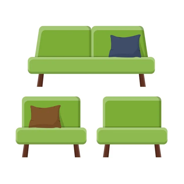 Sofá moderno y confortable elegante y sillones de estilo plano aislados sobre fondo blanco. Parte del interior de una sala de estar u oficina. Muebles suaves para el descanso y la relajación. Ilustración vectorial — Archivo Imágenes Vectoriales