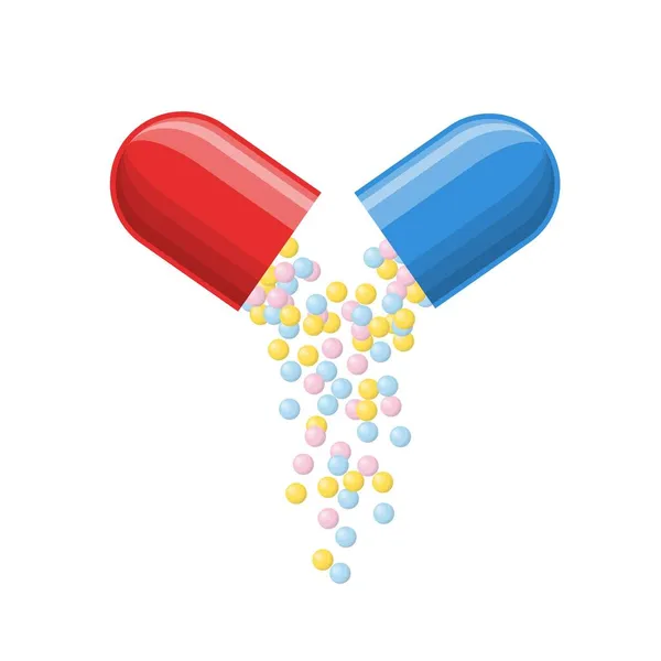 Открытая медицинская капсула с падающими маленькими шариками медикаментов. Символы аптеки и наркотиков. Иконы таблеток. Медицинская векторная иллюстрация на белом фоне — стоковый вектор