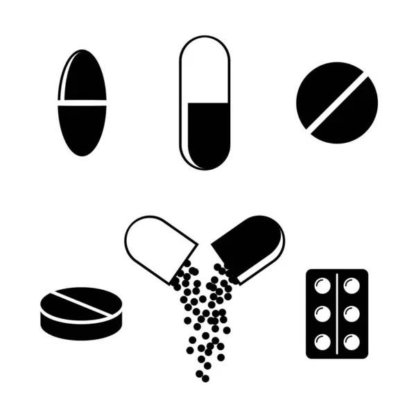 Набор таблеток и капсул иконки на белом фоне. Иконки лекарств. Волдыри таблетки: обезболивающие, витамины, антибиотики и аспирин. Символы аптеки и наркотиков. Медицинская векторная иллюстрация — стоковый вектор