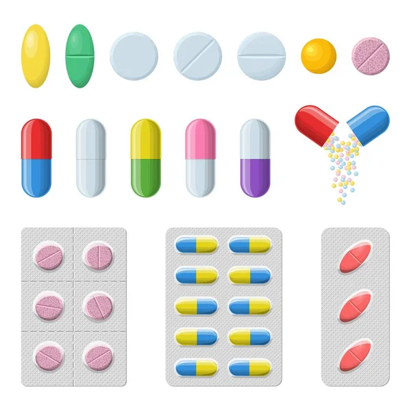 Conjunto de comprimidos e cápsulas sobre um fundo branco. Ícones de medicamentos. Pílulas blister: analgésicos, vitaminas, antibióticos e aspirina. Símbolos de farmácia e medicamentos. Ilustração do vetor médico —  Vetores de Stock