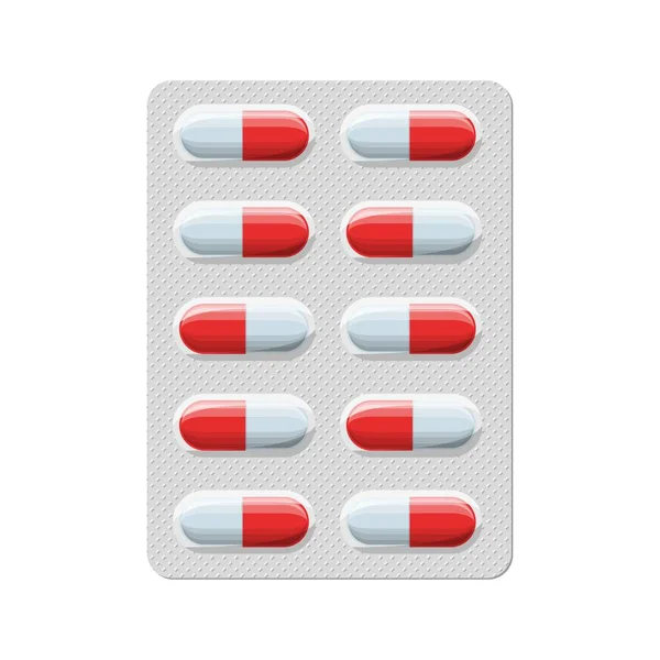 Pacote de pílulas para o tratamento da doença e dor. Ícone de bolha com comprimidos ou cápsulas. Um pacote de medicamentos para pílulas: vitamina, antibiótico, aspirina. Farmácia e medicamentos símbolo Ilustração vetorial —  Vetores de Stock