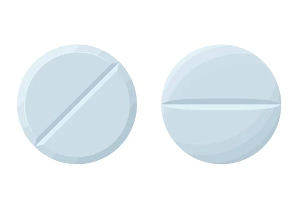 Witte medicijn pillen of tabletten geïsoleerd op witte achtergrond. Farmaceutische tablet drug chemische wetenschap. Geneeskunde ronde witte kuur pillen, aspirine, antibiotica, vitamine en pijnstillers — Stockvector