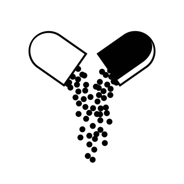 Öppna medicinsk kapsel ikon med fallande små bollar av läkemedel medicinsk. Apotek och droger symboler. Ikoner med piller. Medicinsk vektor illustration isolerad på en vit bakgrund — Stock vektor