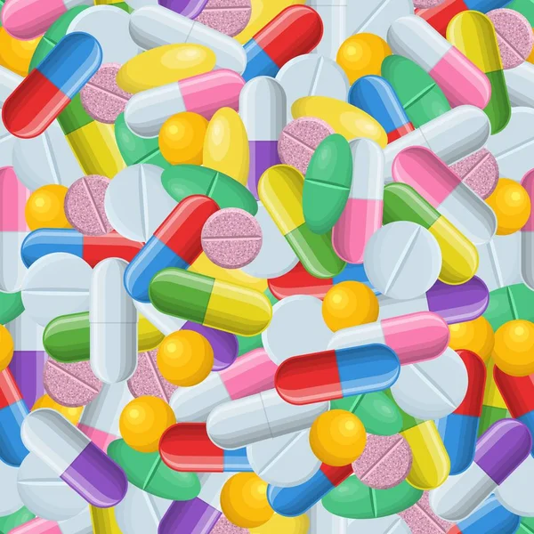 Медицинский бесшовный узор с цветными таблетками, таблетками и капсулами на белом. Фармакология с фармацевтикой. Медицинская фоновая иллюстрация лекарственных препаратов для дизайна. Вектор — стоковый вектор