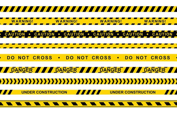 Set of seamless yellow and black warning tapes with text do not cross, warning, caution isolated on white background. Police insulation line, signs of danger. Barricade construction tape. Vector