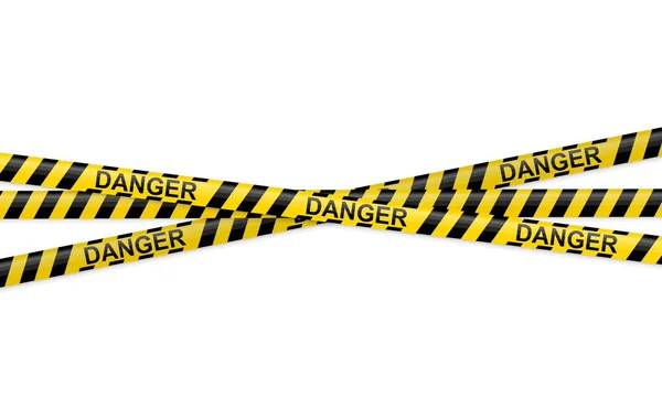 Gelbe und schwarze Warnbänder mit Textgefahr isoliert auf weißem Hintergrund. Polizei-Isolationslinie, Warnzeichen, nicht überqueren, Vorsicht. Barrikadenbau. Vektorillustration — Stockvektor