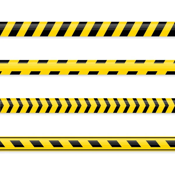 Набор бесшовных желтых и черных предупреждающих лент изолирован на белом фоне. Линия изоляции полиции, признаки опасности, не переходить, предупреждение, осторожность. Баррикадная строительная лента. Векторная иллюстрация — стоковый вектор