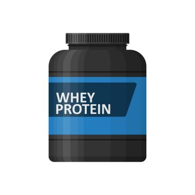 Beyaz arka planda izole edilmiş beyaz protein. Spor beslenme ikonu konteynır paketi, fitness protein gücü. Vücut geliştirme sporu yiyeceği. Kas gelişimine katkı maddeleriyle dolu kavanoz ya da şişe. Vektör